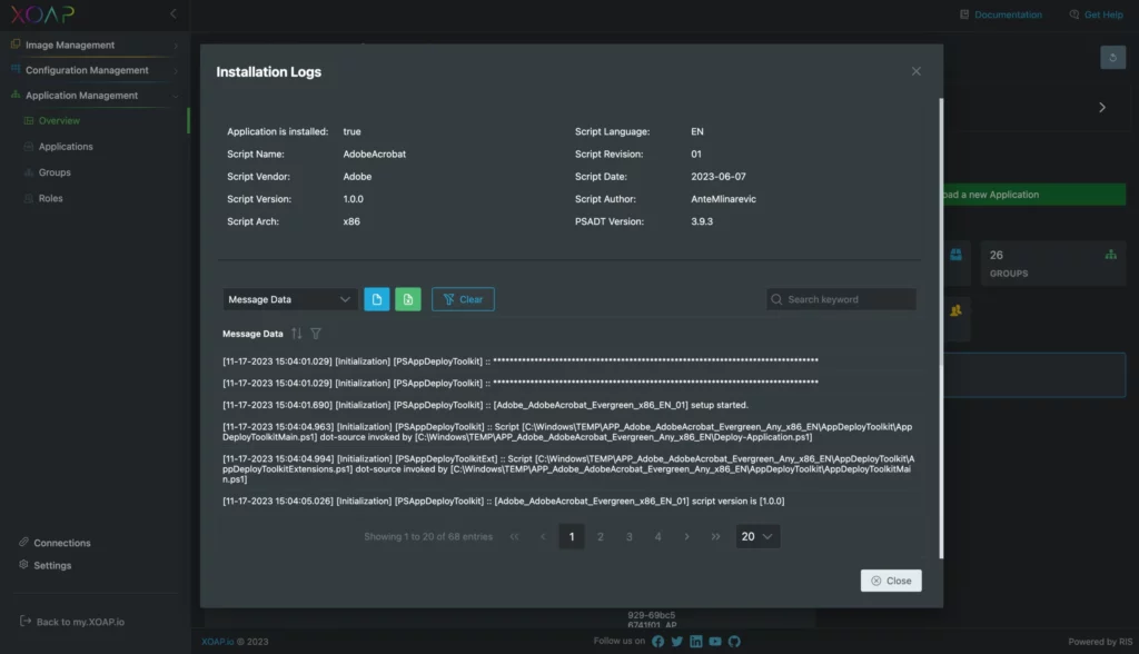 applicationXO installation logs