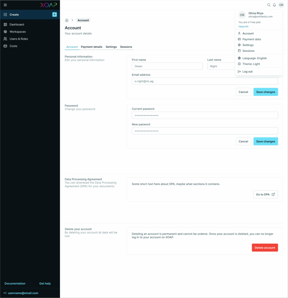 Account details dropdown menu