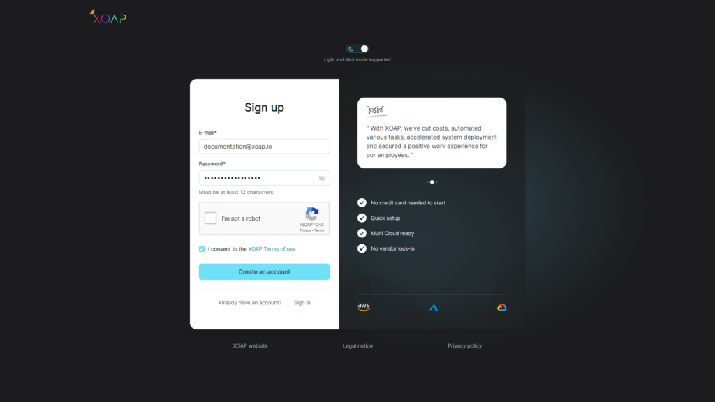 Sign up for XOAP page