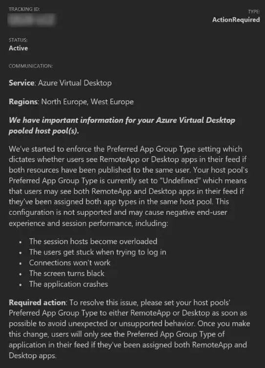 Azure ActionRequired message