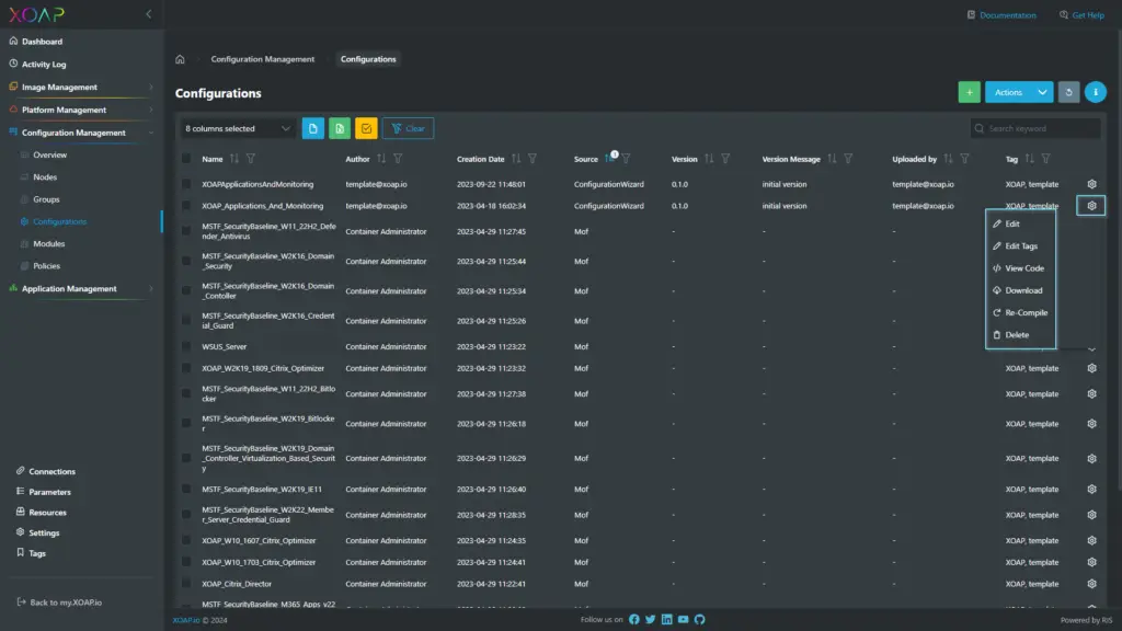 Configurations action menu