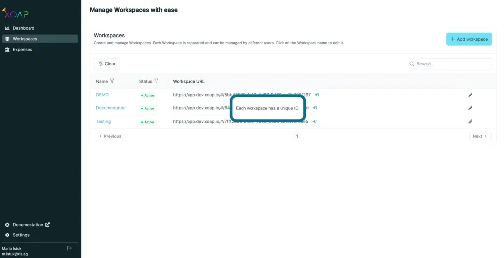myXOAP workspaces with comment