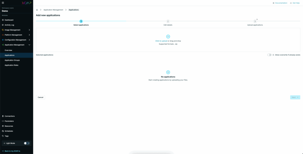 New application upload flow, step one