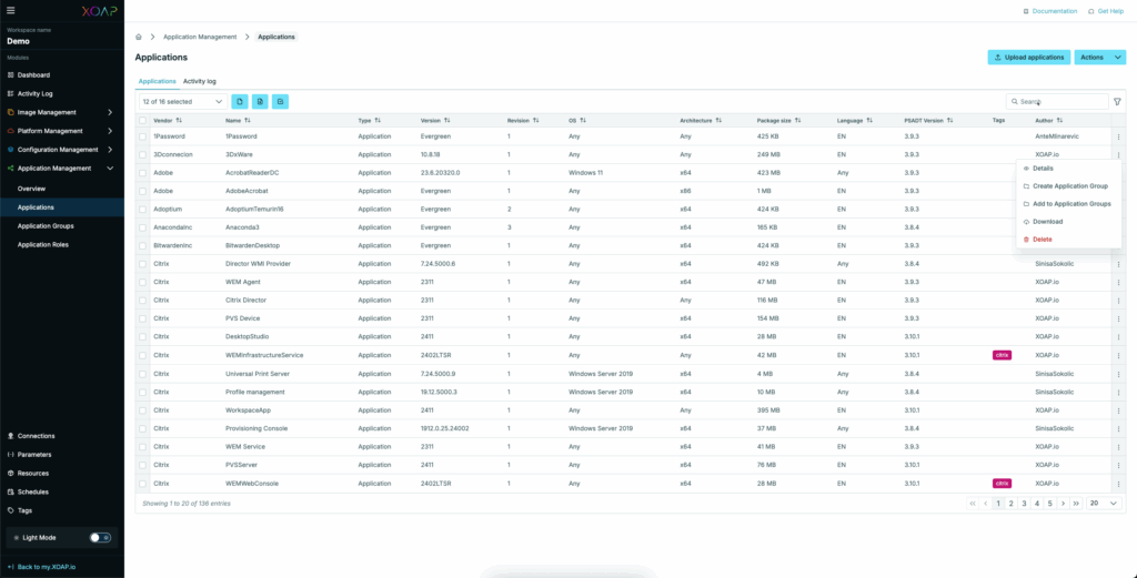 Added more actions to improve workflows in Applications overview, part one