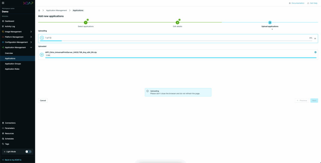 New application upload flow, step three