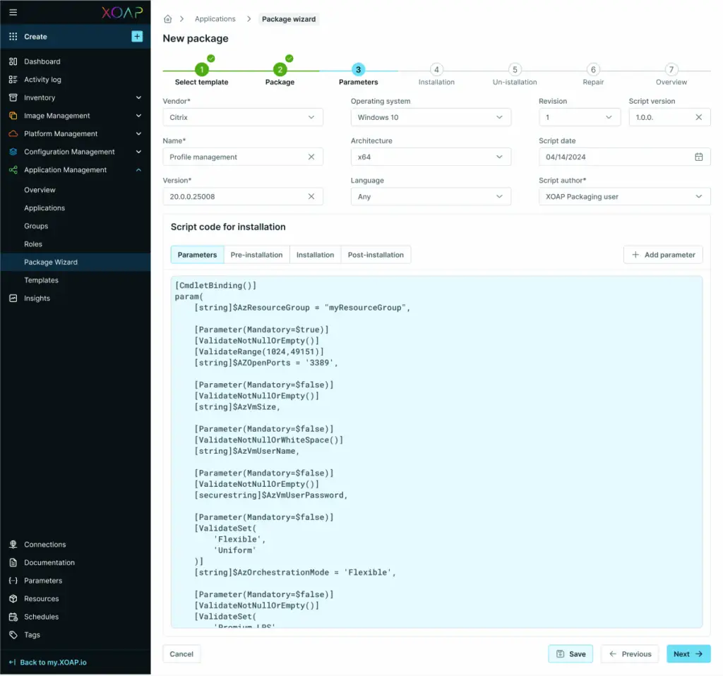Package Wizard, parameters