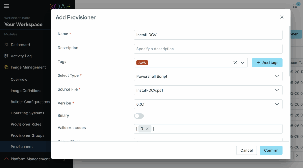 Create a provisioner | Amazon DCV automation | XOAP