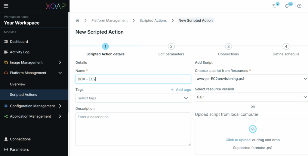 Create a scripted action | Automating Amazon DCV deployment | XOAP