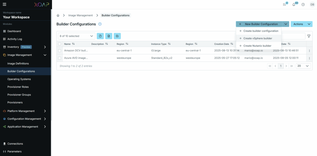 Create builder configuration for vSphere or Nutanix